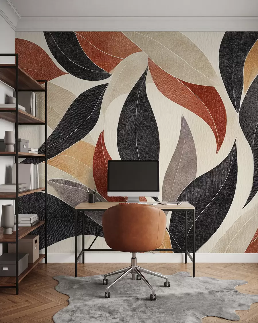 Carta da parati nature foglie astratte in una tavolozza di toni terrosi: beige, terracotta e grigio scuro 
