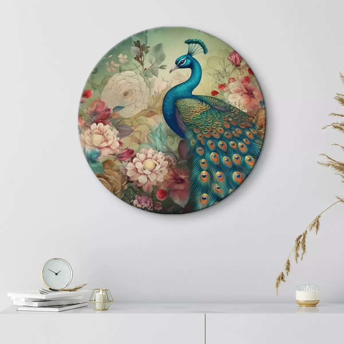 Quadri rotondi Pavone con fiori in stile vintage r34869