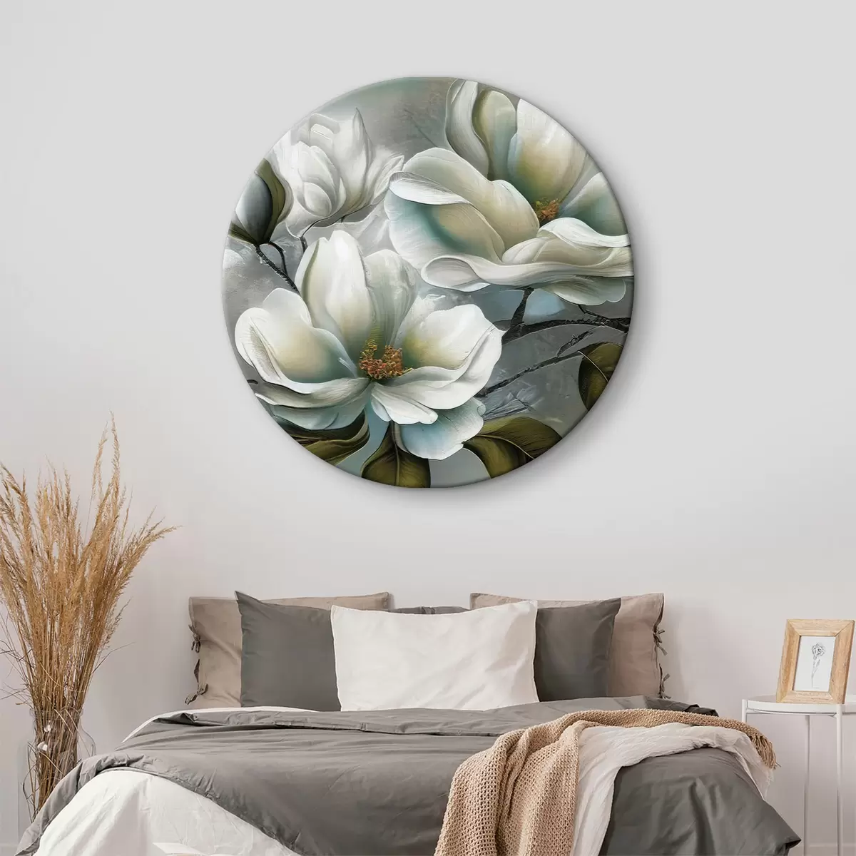 Quadri rotondi Fiori bianchi su sfondo blu r35494