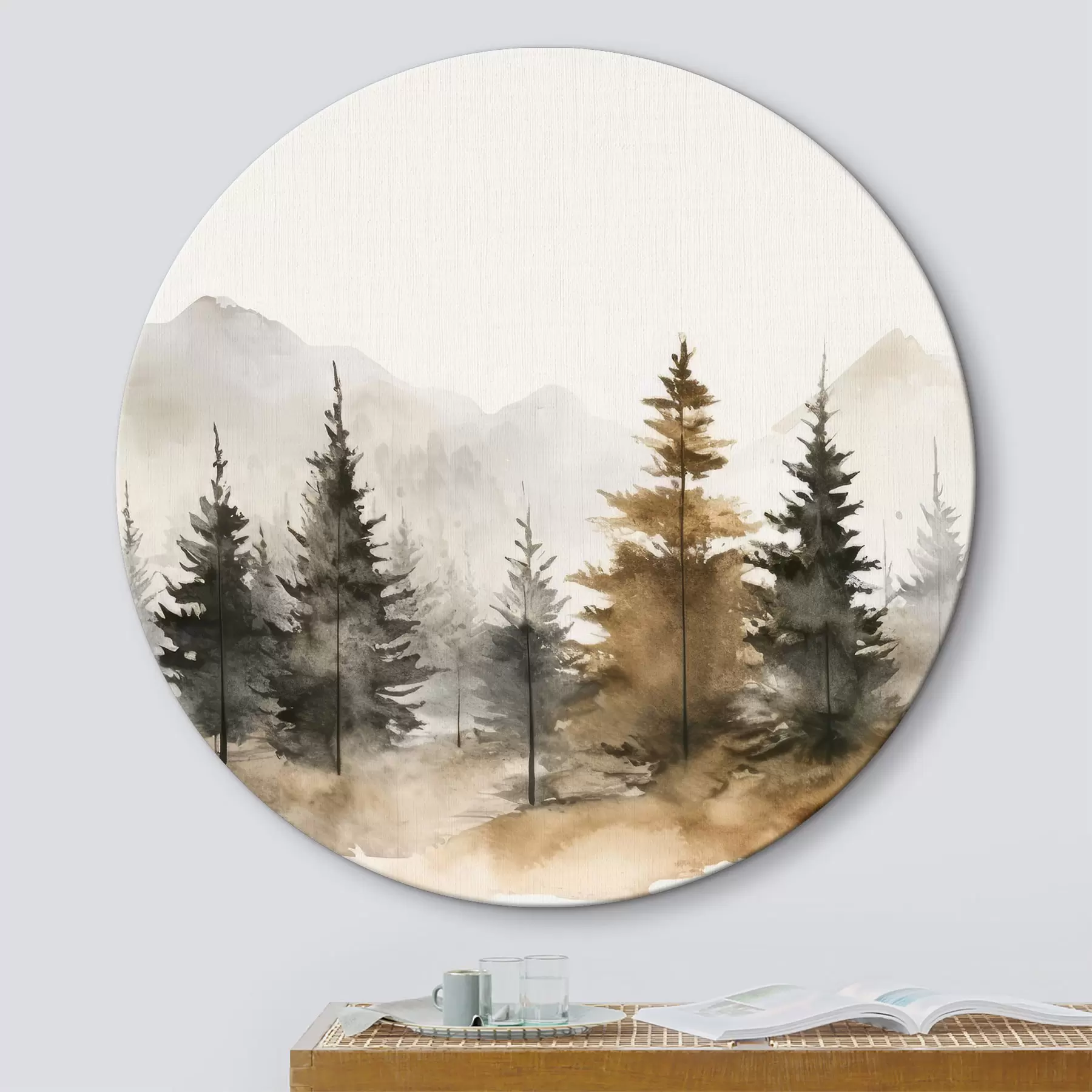 carta da parati Abeti acquerellati su sfondo di montagne nr. r36010