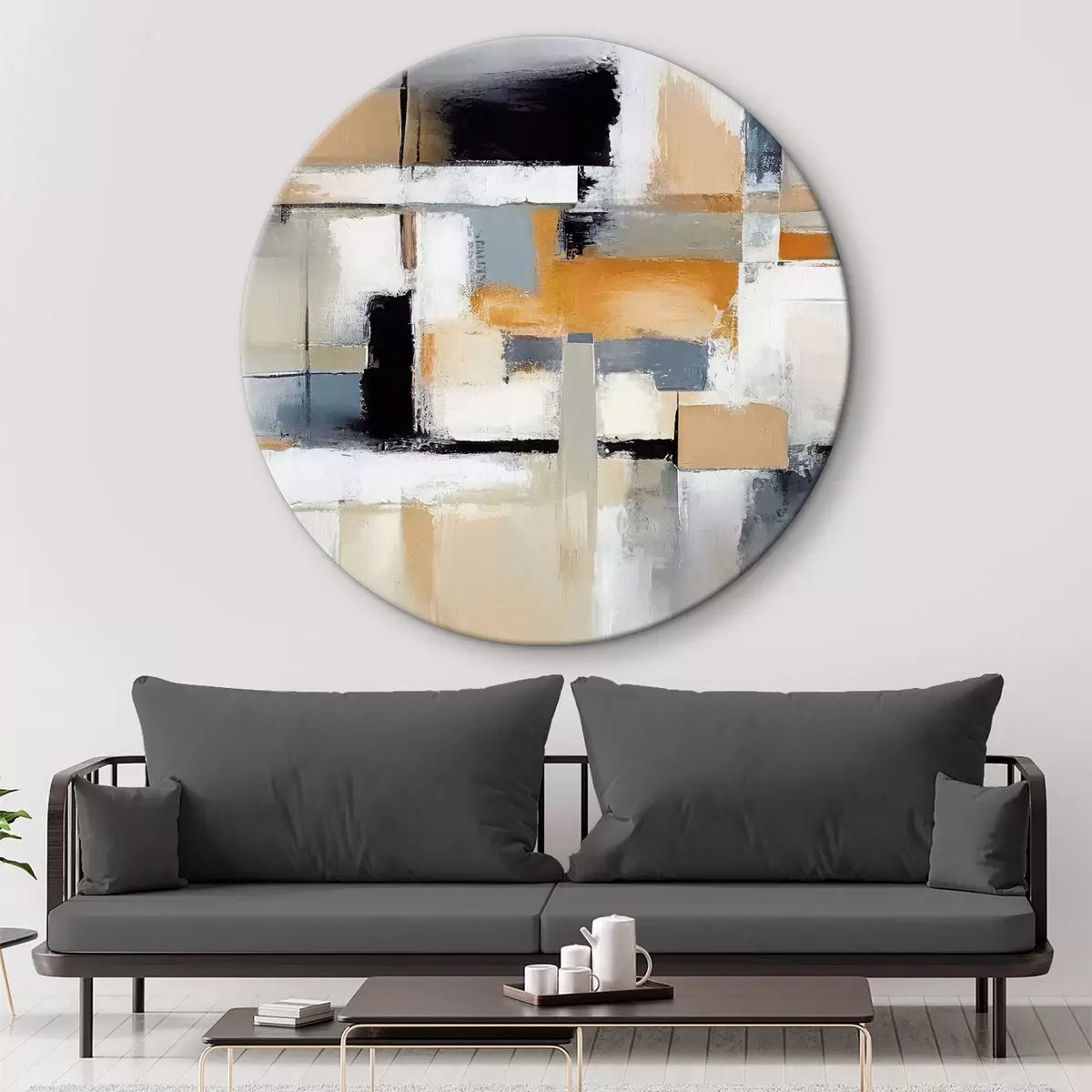Quadri rotondi Astrazione grigio-beige con arancione e bianco r36624