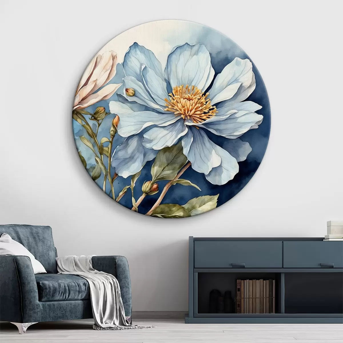 Quadri rotondi Fiori ad acquerello su sfondo blu r37325