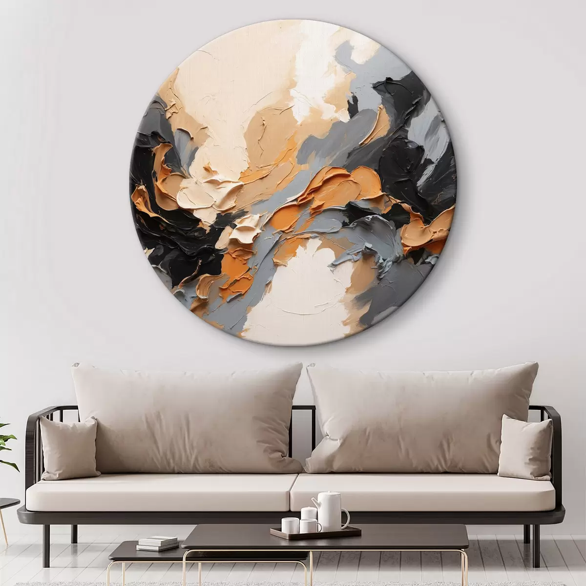 Quadri rotondi Pittura ad olio astratta con colori neri, blu e beige r37328