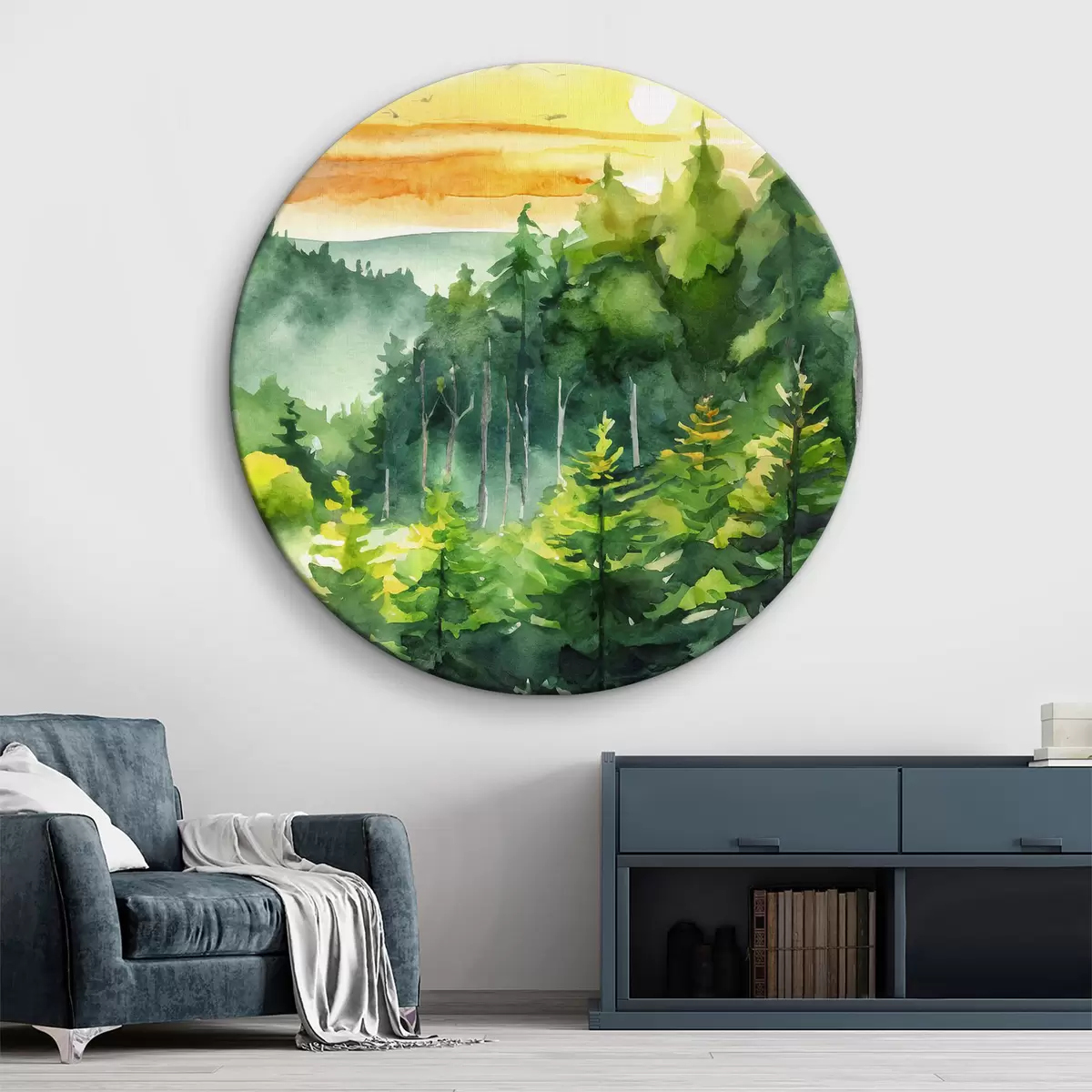 Quadri rotondi Paesaggio forestale, cielo al tramonto, acquerello, verde, pini, natura r37952