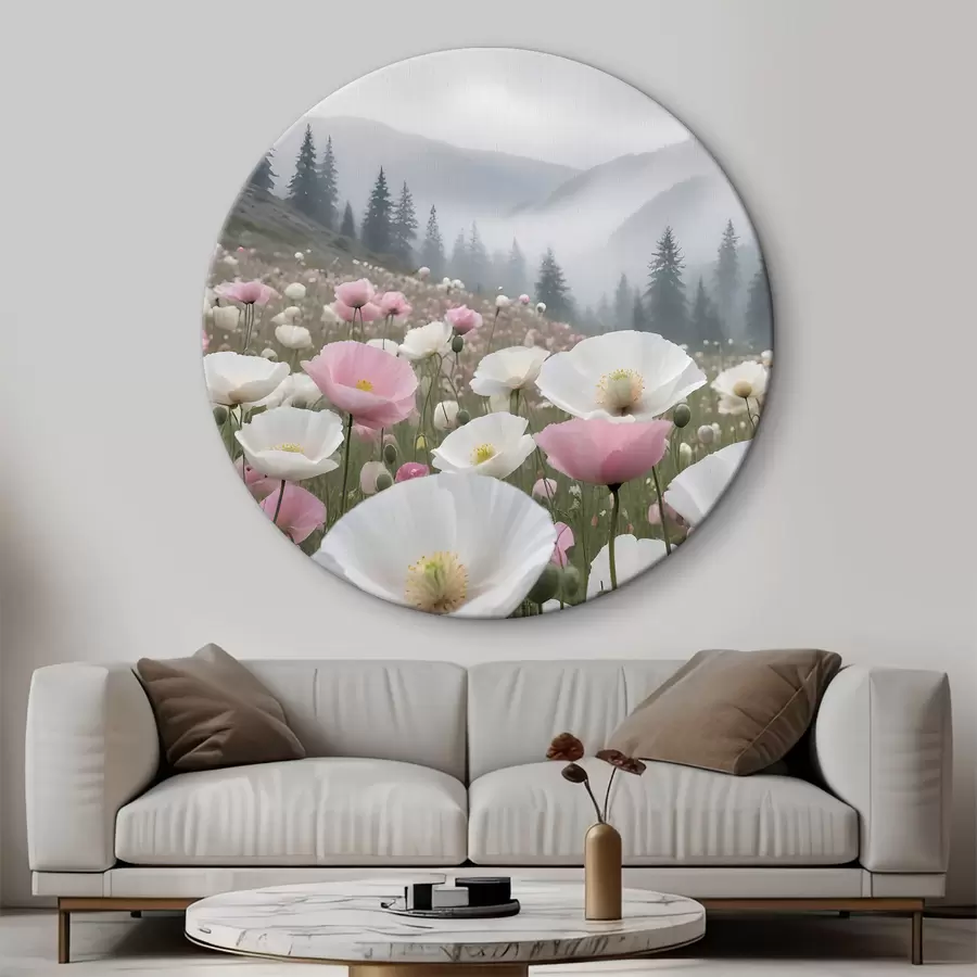 carta da parati Un campo di papaveri rosa e bianchi nel paesaggio montano sullo sfondo nr. r38369