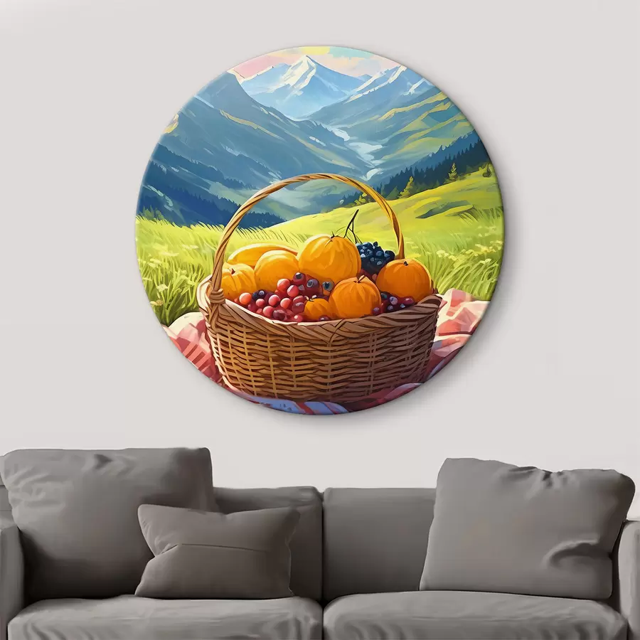 carta da parati un cesto di frutta su un prato in montagna nr. r38654