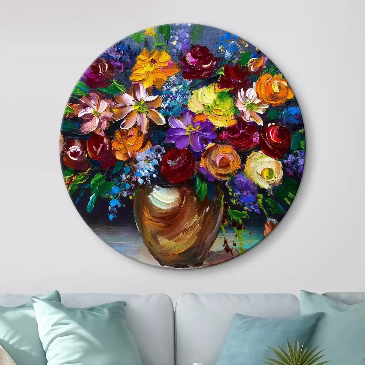 Quadri rotondi bouquet lussureggiante in un vaso con colori ad olio r38659