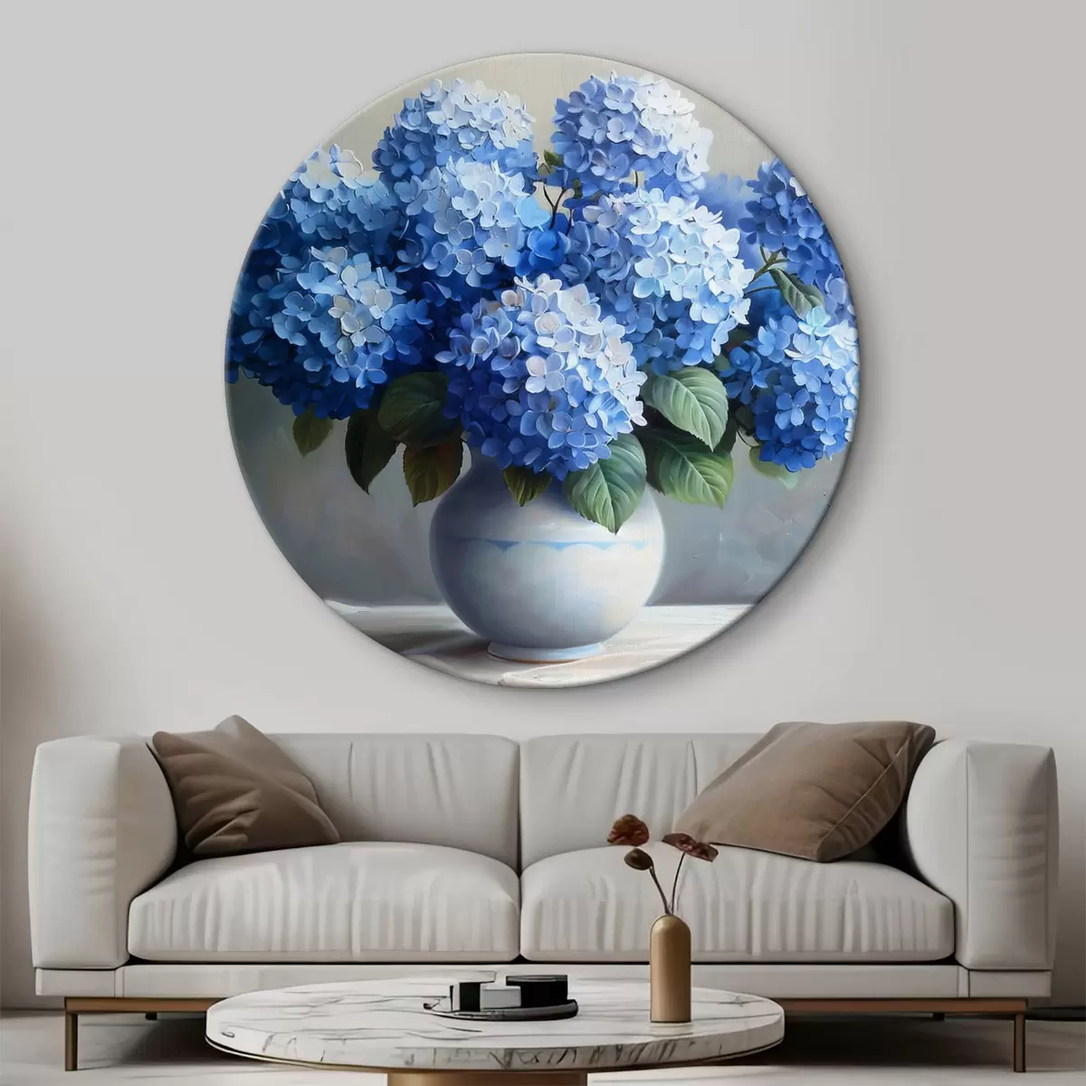 Quadri rotondi Bouquet di ortensie blu in un vaso bianco r38696