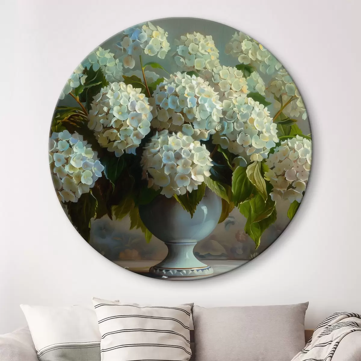 Quadri rotondi Bouquet di ortensie bianche in vaso bianco r38698