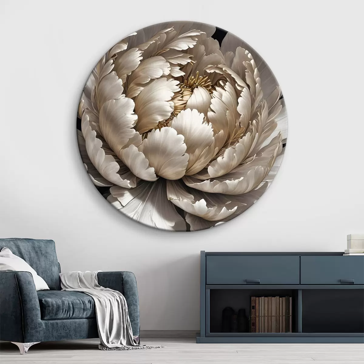 Quadri rotondi Un grande fiore di peonia con petali delicati e stratificati su uno sfondo scuro r38764