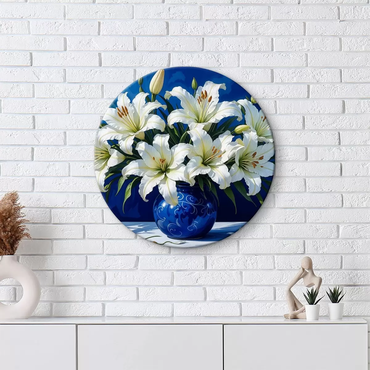 Quadri rotondi Gigli bianchi in fiore in vaso blu r38819