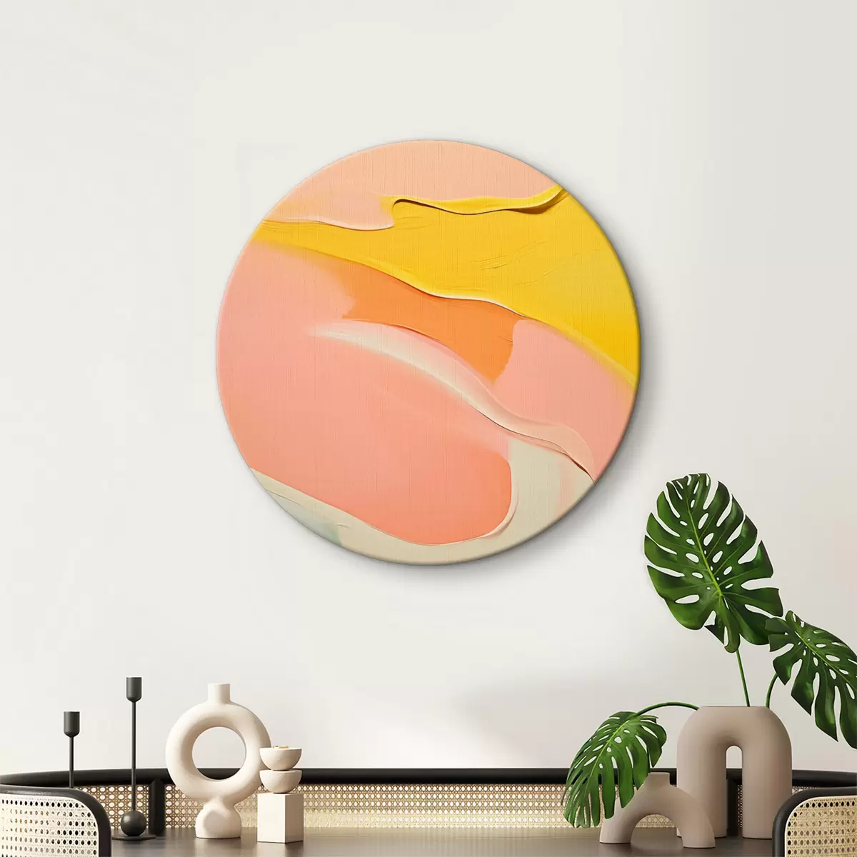 Quadri rotondi Macchie astratte tratti di pittura ad olio, colore giallo, rosa, bianco r38942
