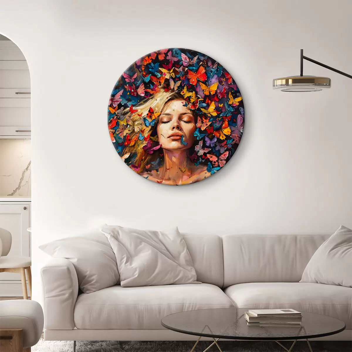 Quadri rotondi Dipinto ad olio raffigurante una giovane donna circondata da uno sciame di farfalle colorate su uno sfondo scuro r38972