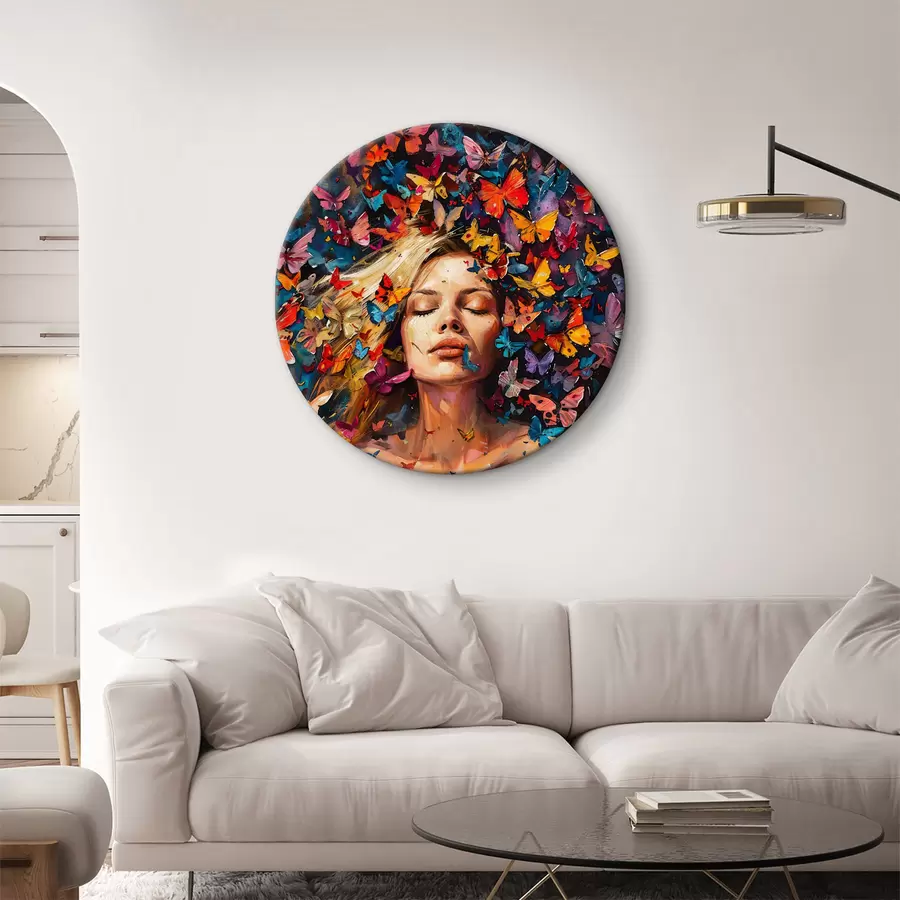 carta da parati Dipinto ad olio raffigurante una giovane donna circondata da uno sciame di farfalle colorate su uno sfondo scuro nr. r38972