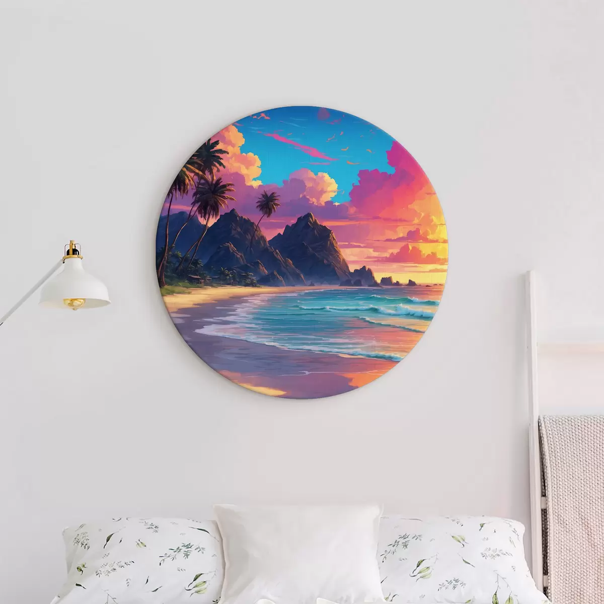 Quadri rotondi Un paesaggio lussureggiante e vibrante. Tramonto in riva al mare r39009
