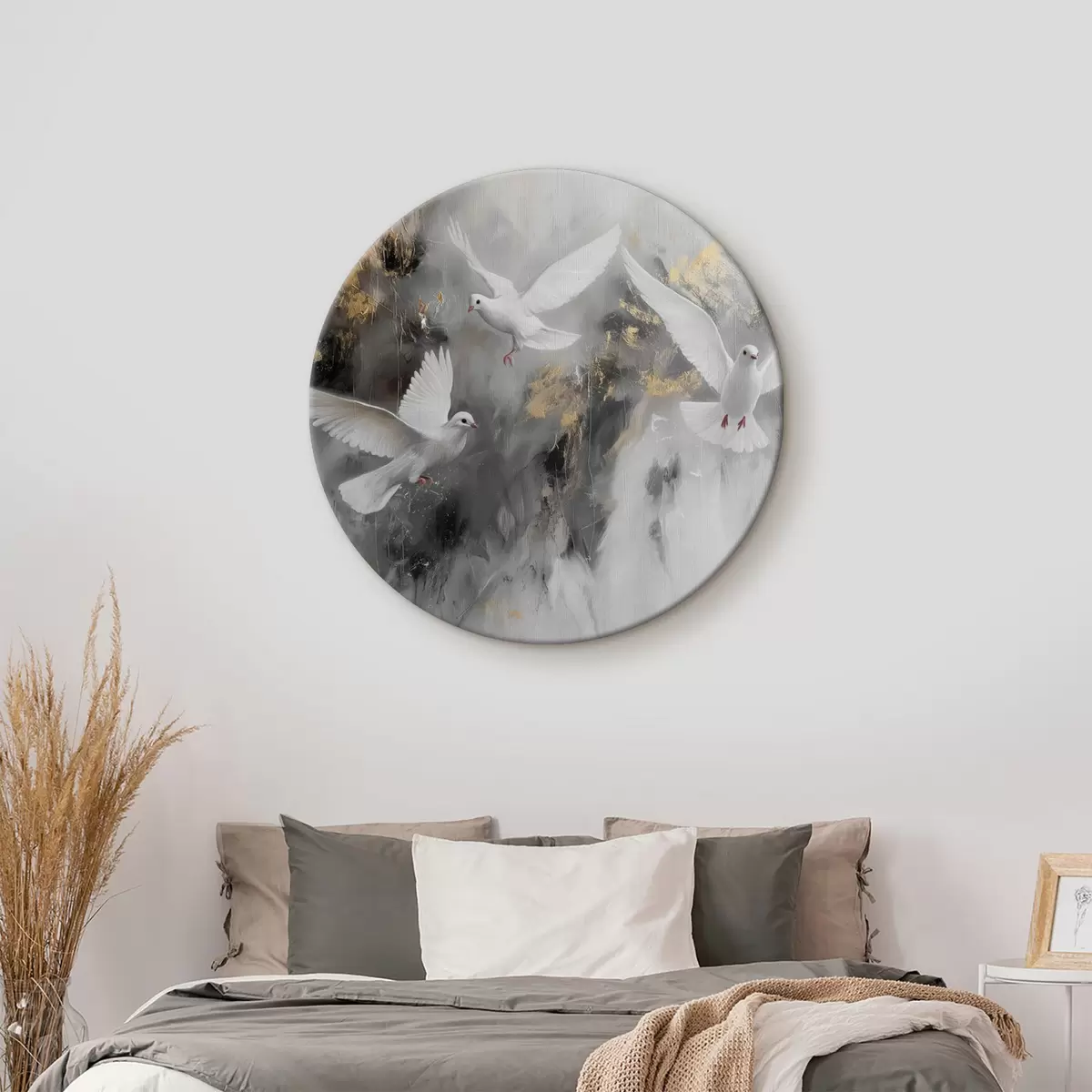 Quadri rotondi Colombe bianche su sfondo grigio r39101