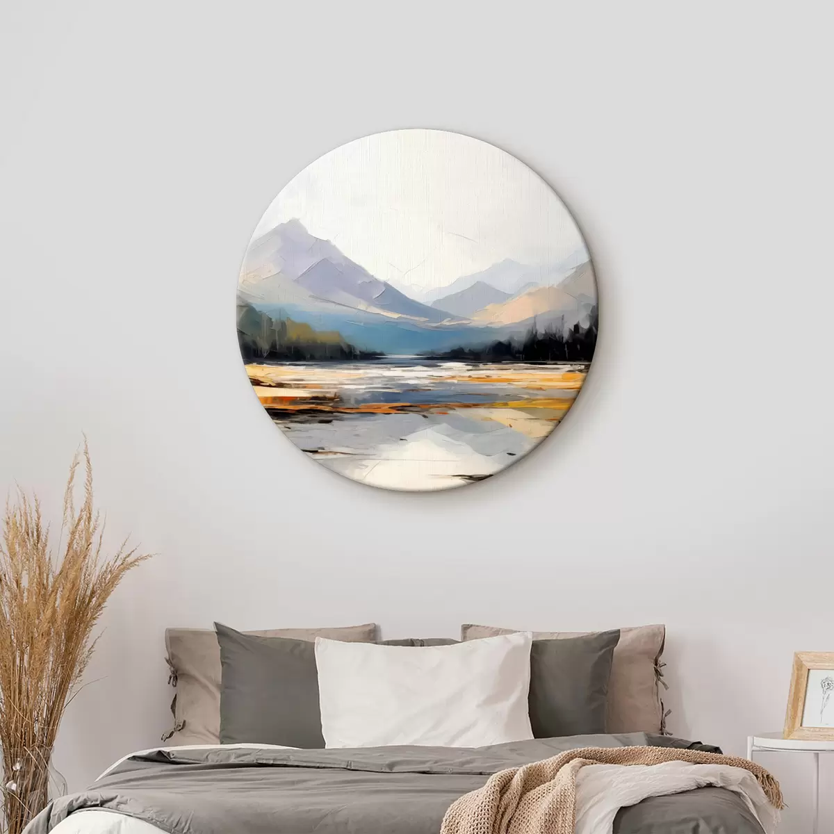 Quadri rotondi Catene montuose nella valle pittura a olio, paesaggio, natura, blu, colore giallo bianco r39128