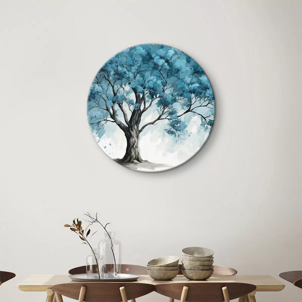 Quadri rotondi Albero con foglie blu su sfondo bianco r39153