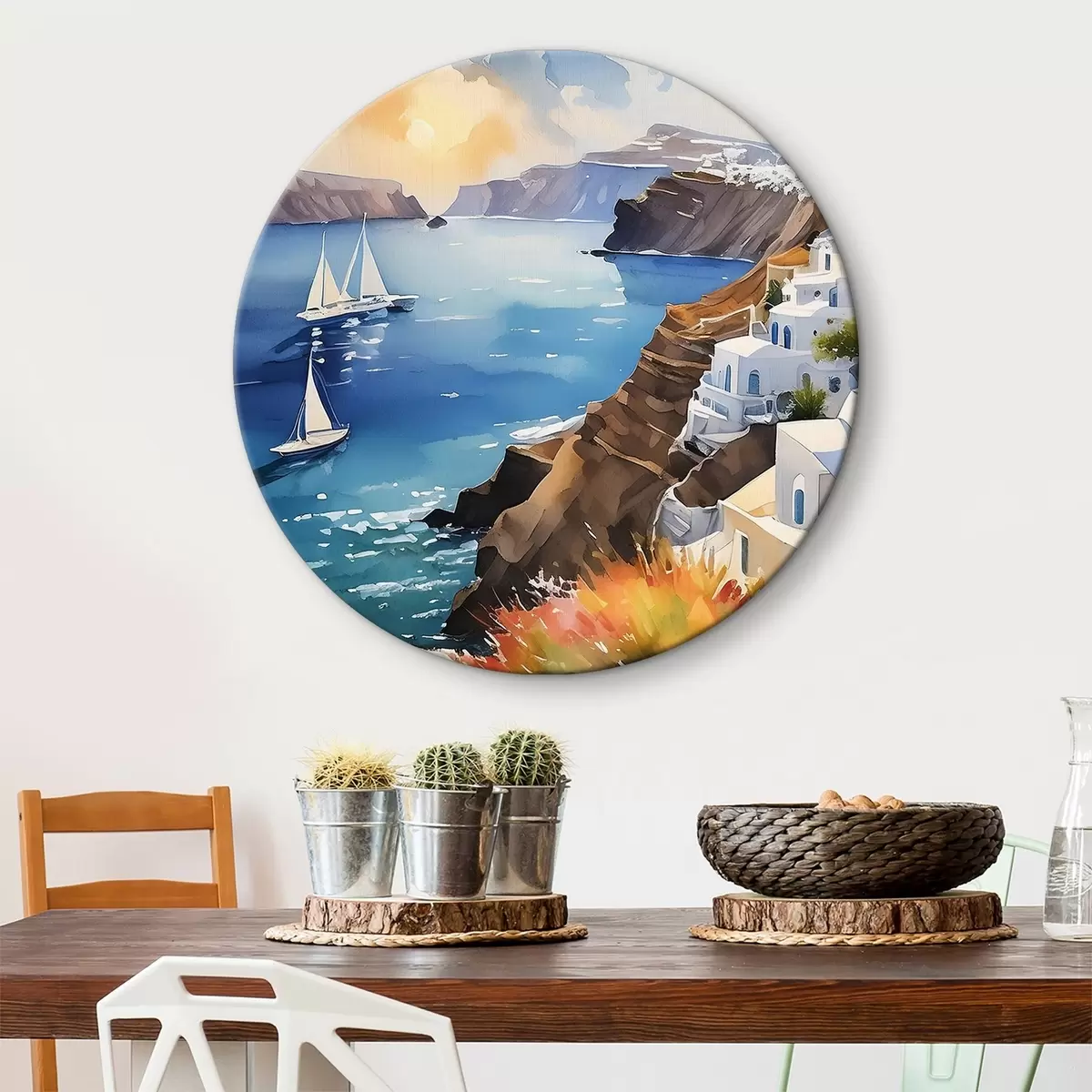 Quadri rotondi la bellissima città di Santorini in riva al mare r39303
