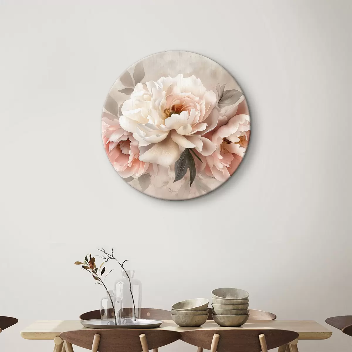 Quadri rotondi bouquet astratto di peonie nei toni del rosa r39324
