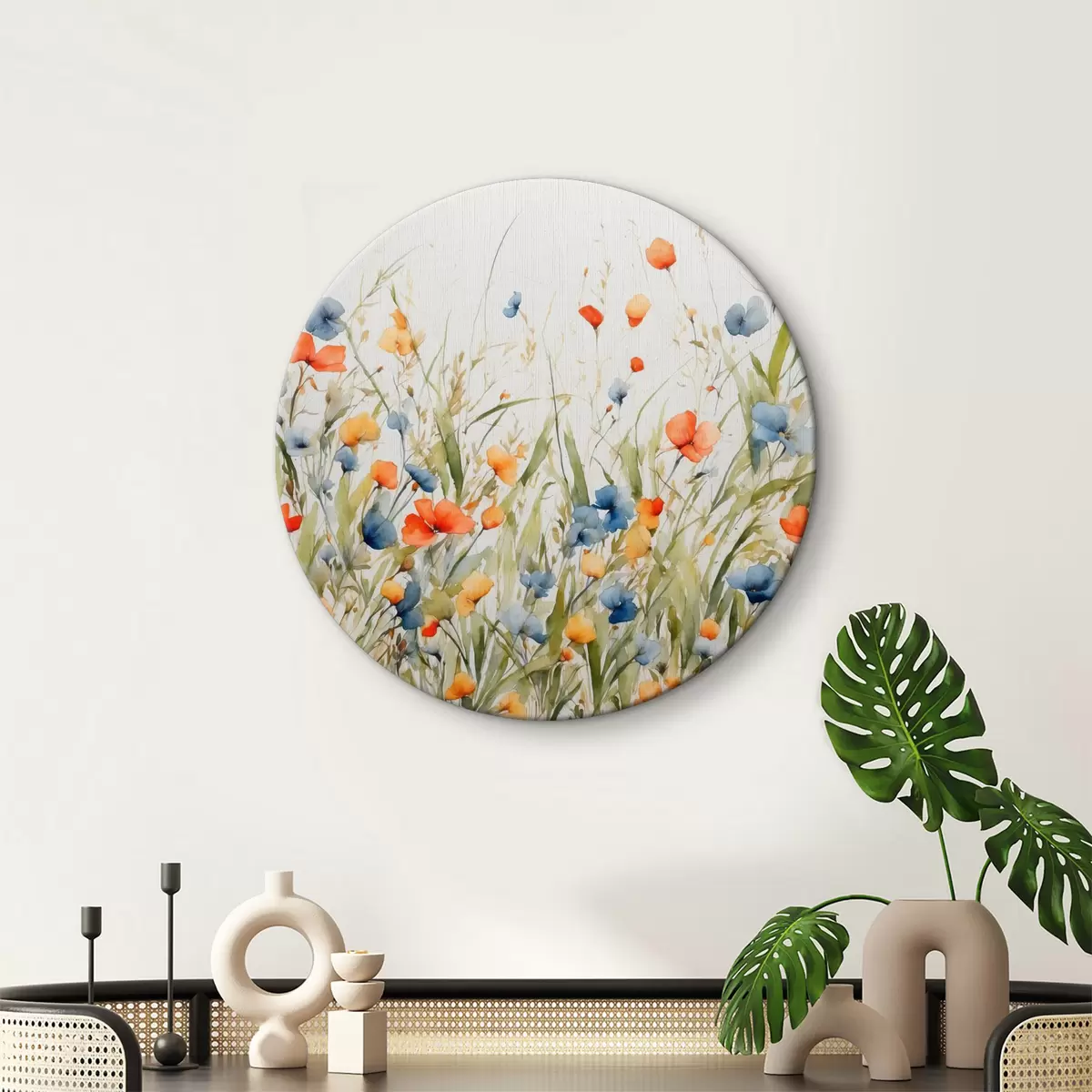 Quadri rotondi Fiori e foglie su sfondo bianco r39378