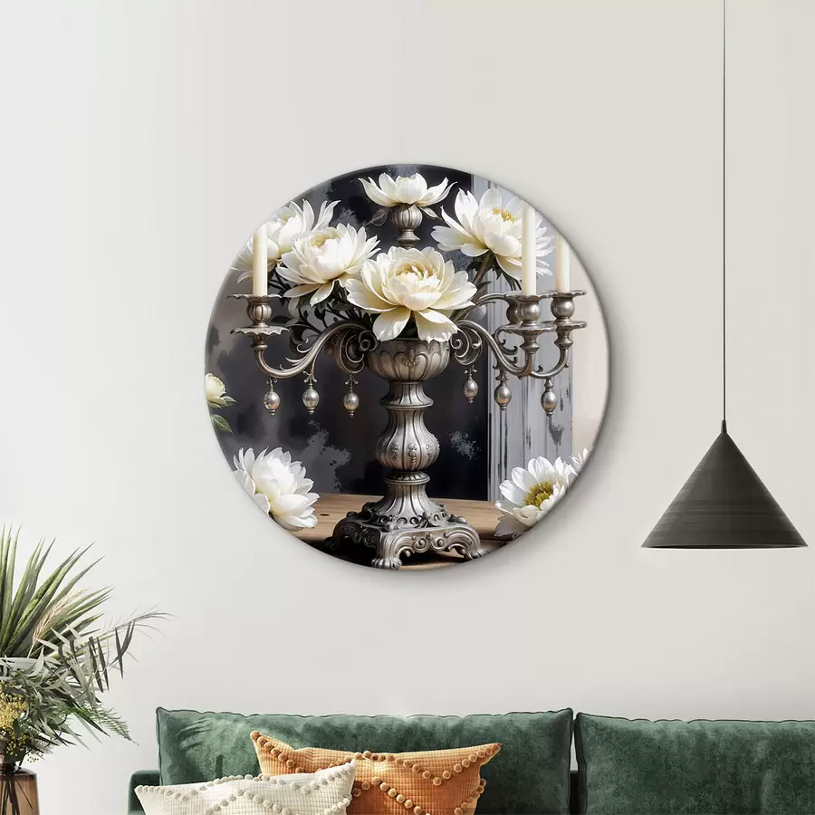 carta da parati Un bouquet di grandi fiori bianchi di dalia in un vaso d'argento ornato, circondato da candele accese su un tavolo di legno nr. r39384