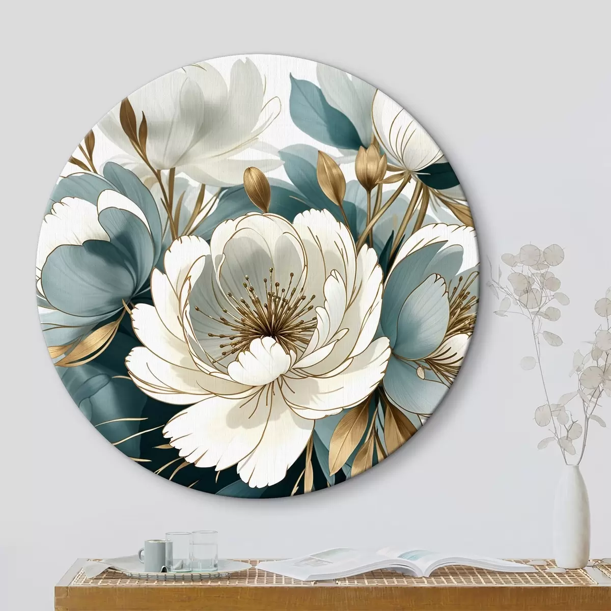 Quadri rotondi Grandi fiori bianchi e blu con accenti, circondati da un fogliame rigoglioso r39389