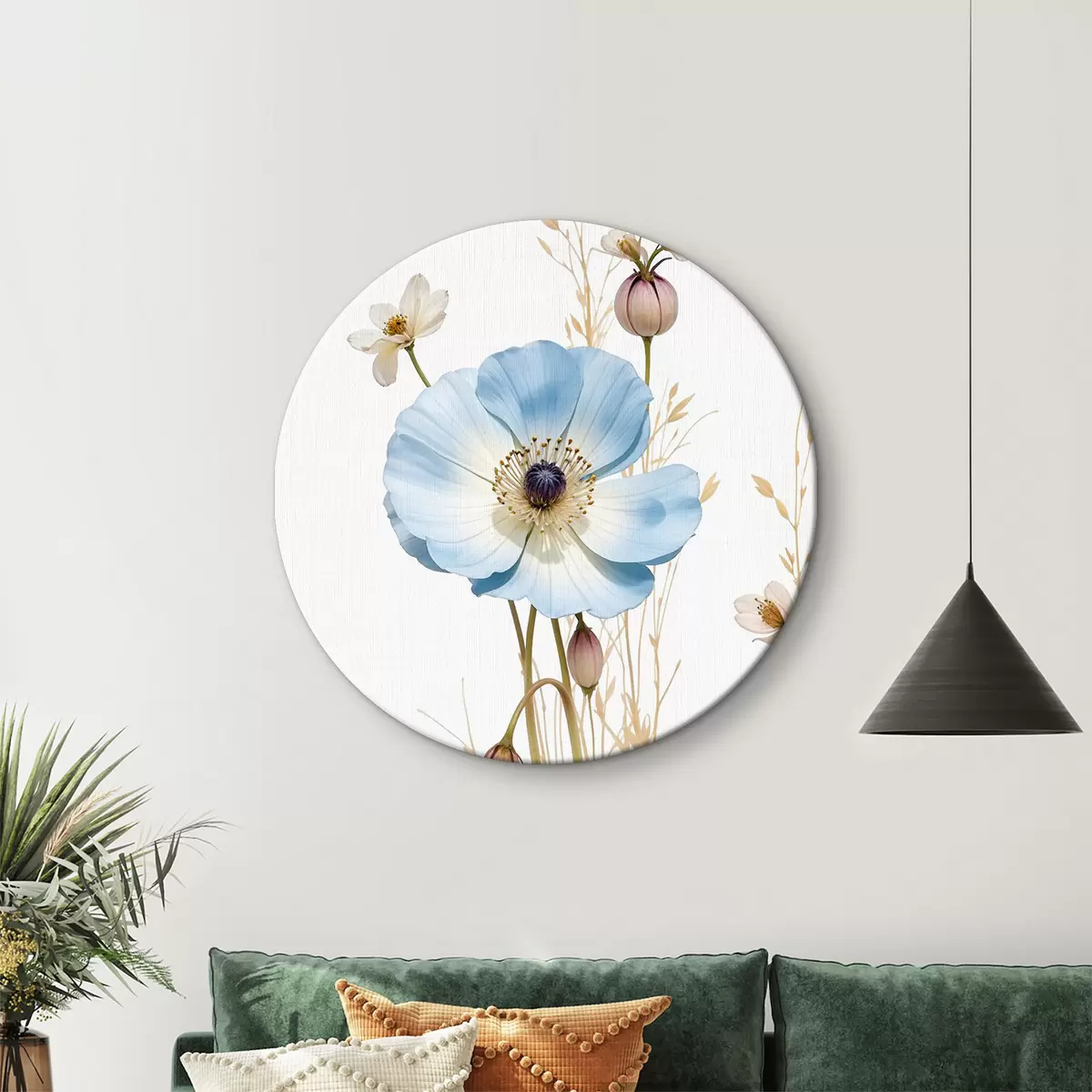 Quadri rotondi Delicati fiori di anemone blu con centri gialli, circondati da sottili steli d'erba r39390