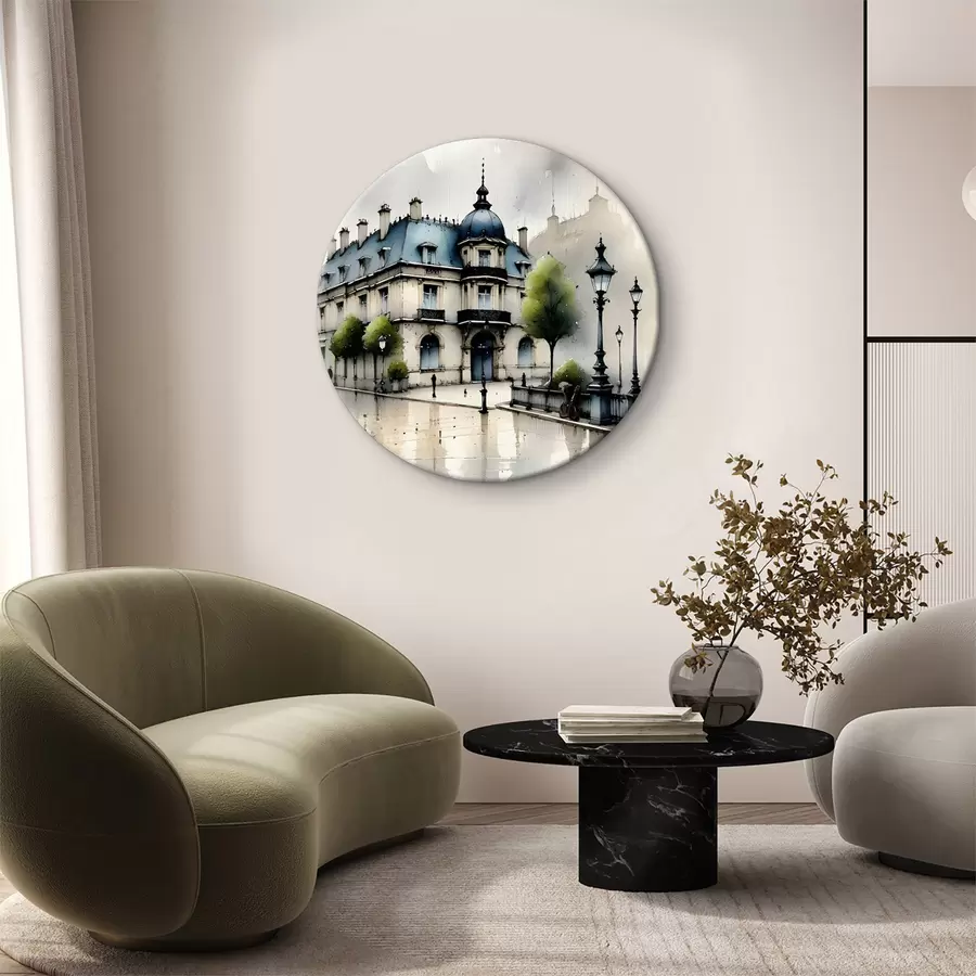 carta da parati Un grande edificio ad acquerello circondato da lampioni e alberi, in una giornata piovosa nr. r39391