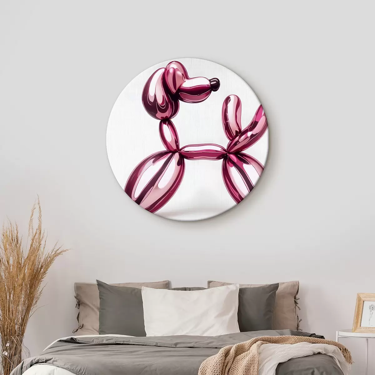 Quadri rotondi Un cane a palloncino rosa con una superficie lucida e riflettente che crea un aspetto astratto e surreale r39393
