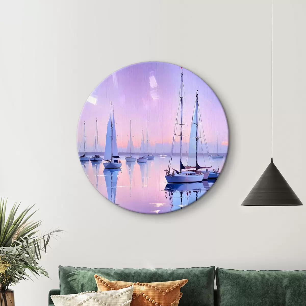 Quadri rotondi Barche a vela su un lago calmo al tramonto, con le barche riflesse nell'arte del paesaggio d'acqua ferma r39398