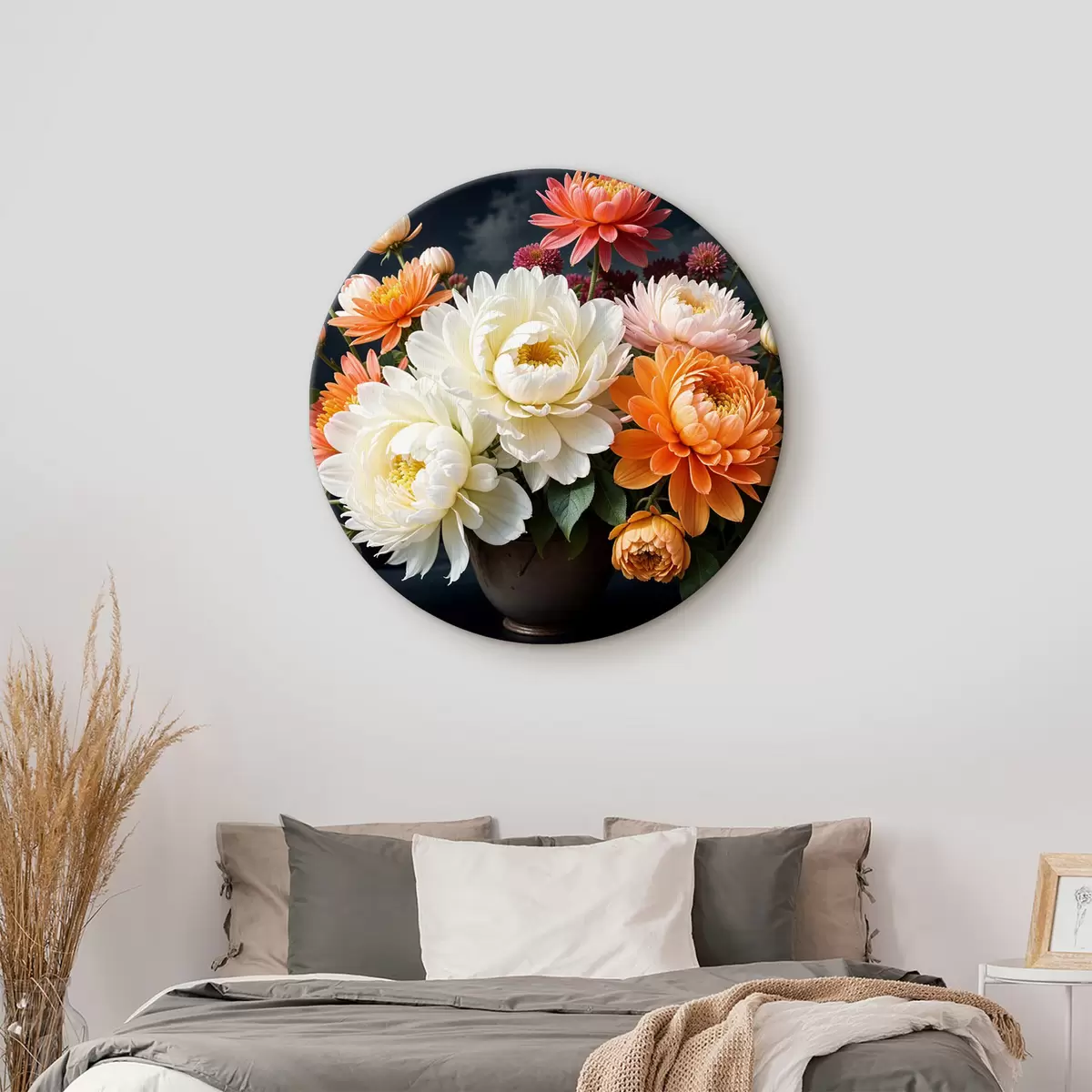 Quadri rotondi Un bouquet di vivaci fiori di dalia in vari colori su uno sfondo scuro r39399