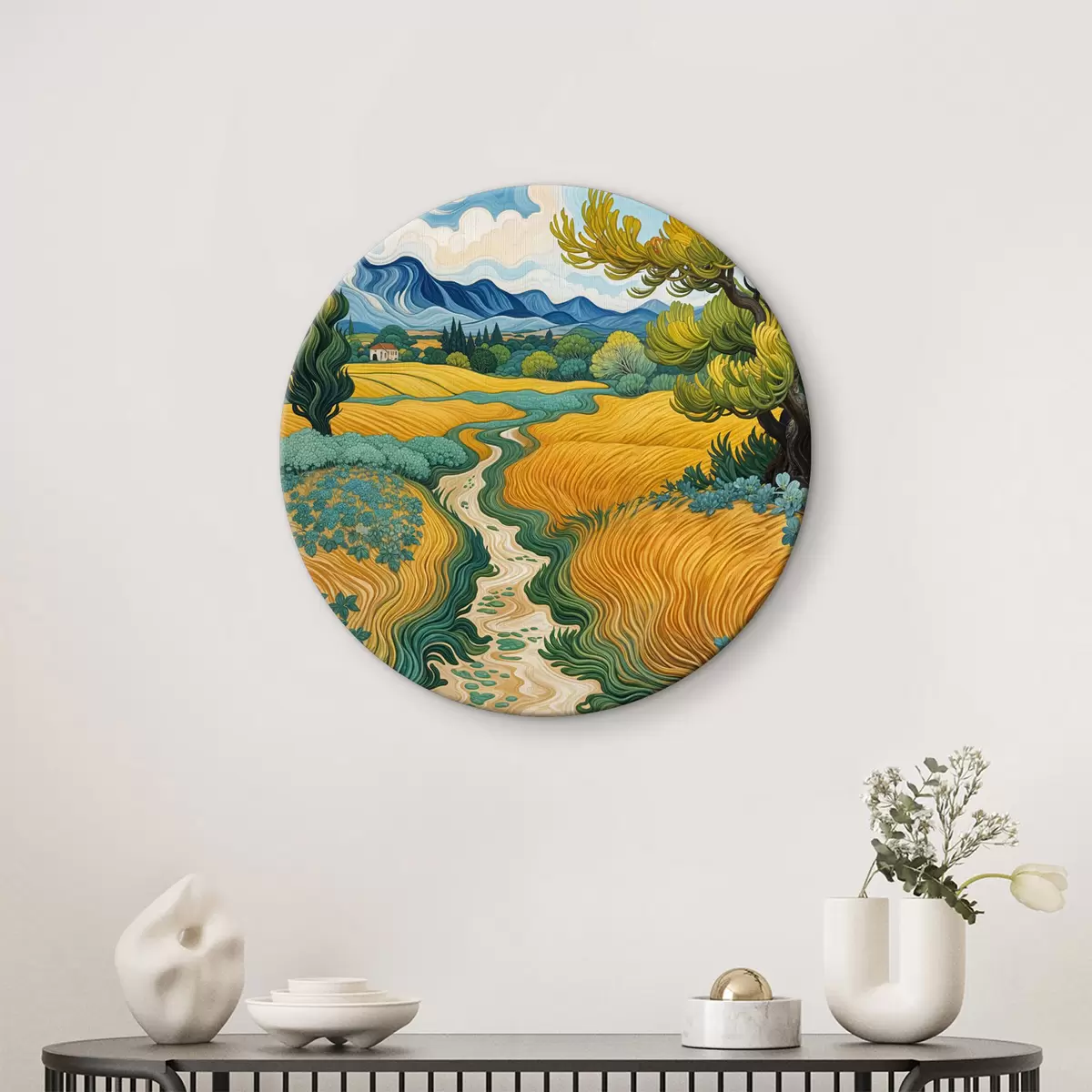 Quadri rotondi Un paesaggio colorato con un tortuoso sentiero sterrato che attraversa un campo in stile Van Gogh r39400