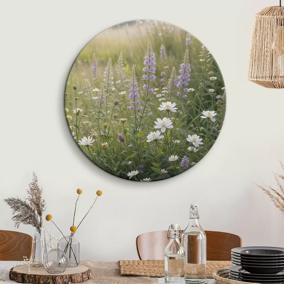 Quadri rotondi Un campo di margherite bianche e lupini viola con erba alta sullo sfondo r39404