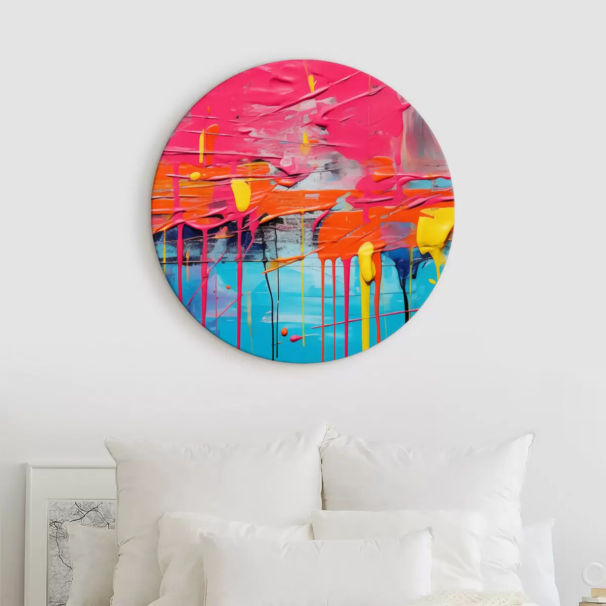 Quadri rotondi Pennellate astratte e macchie di pittura ad olio, colore rosa, arancione, blu, giallo r39437