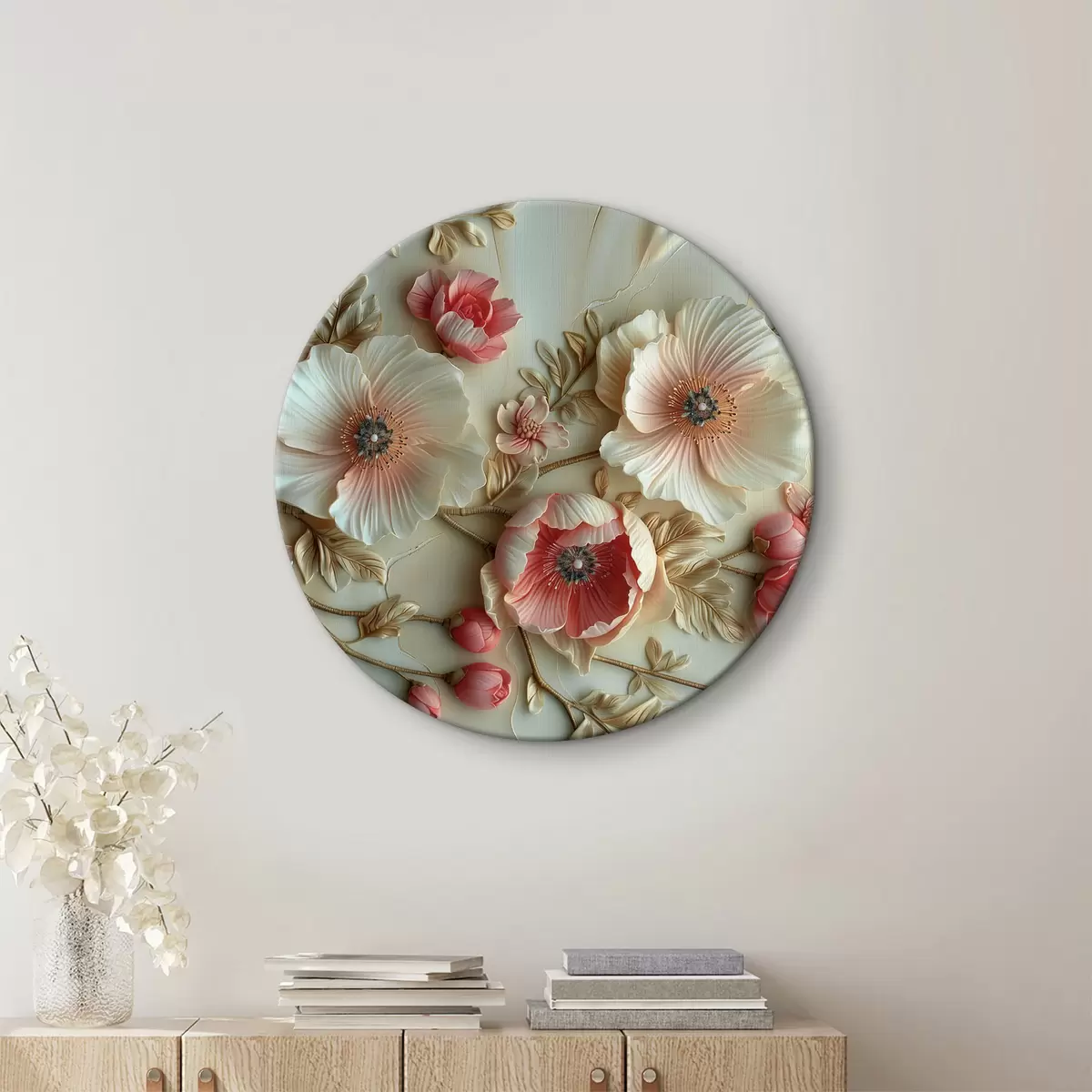 Quadri rotondi Delicato ramo di papaveri con foglie in stile scultura r39467