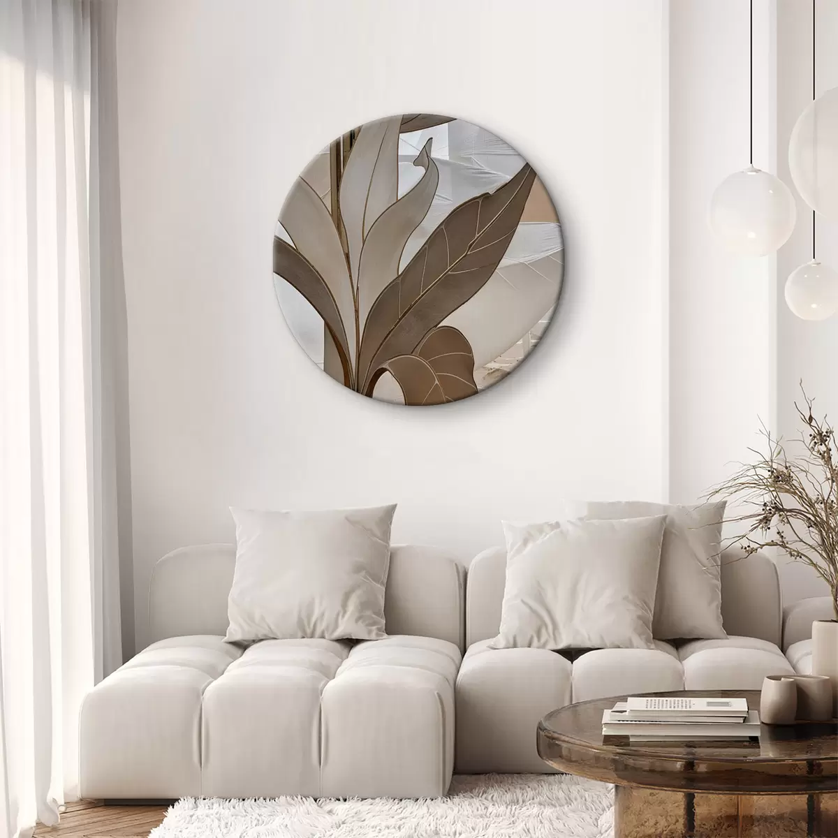 Quadri rotondi Una vista ravvicinata di un motivo geometrico astratto con forme e texture sovrapposte nei toni del beige r39498
