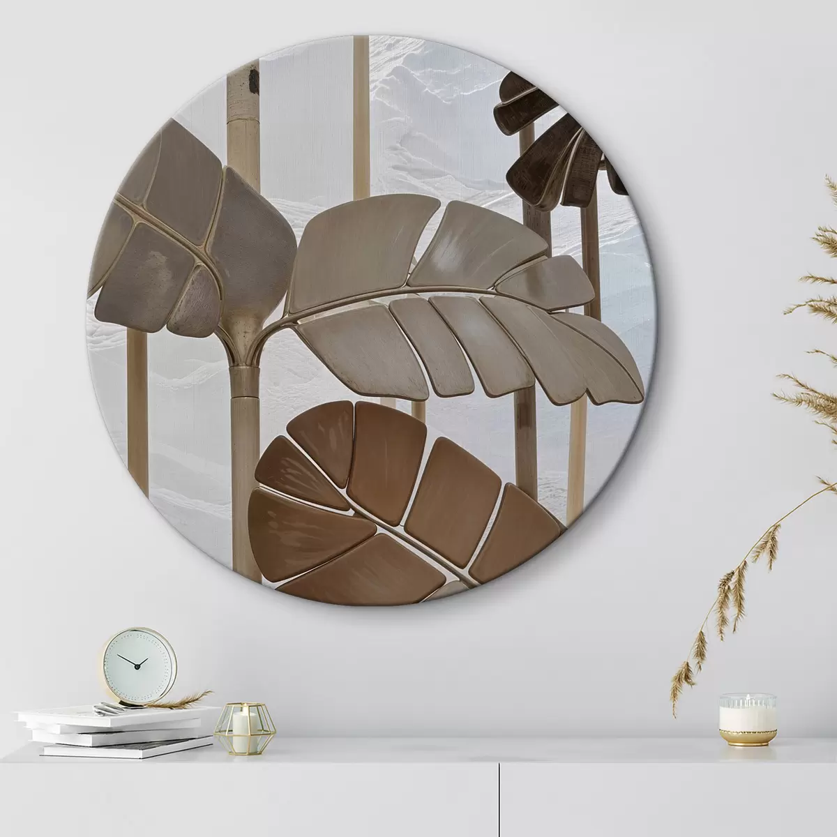Quadri rotondi Una vista ravvicinata di foglie di palma astratte o fronde realizzate in varie tonalità di marrone e beige r39499