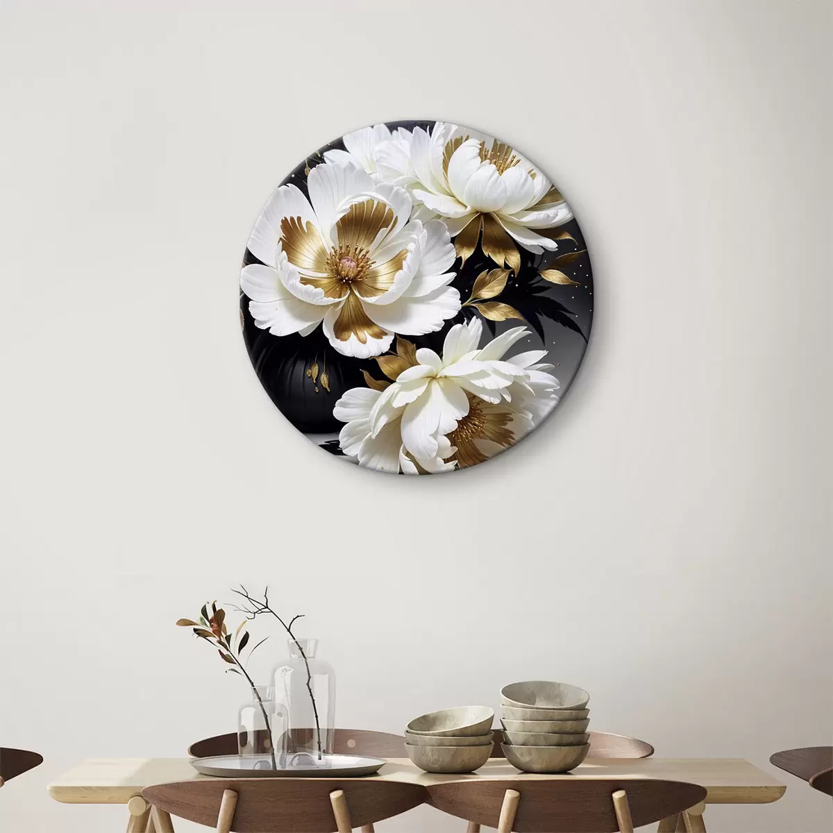 Quadri rotondi Fiori di peonia bianchi in piena fioritura, con sfondo scuro r39504