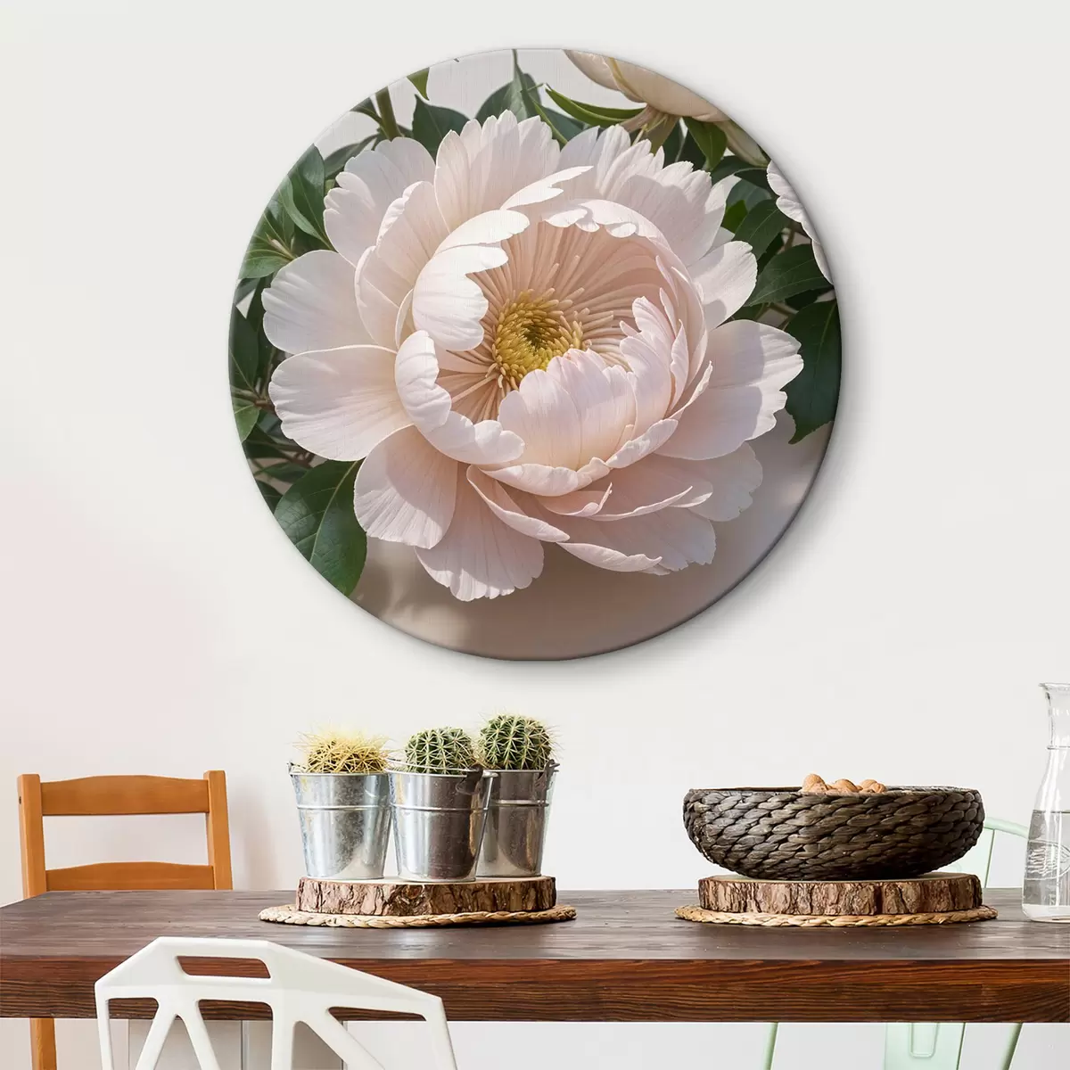 Quadri rotondi Rigogliosi fiori di peonia bianca con centri rosa tenue, circondati da foglie verdi su uno sfondo chiaro r39506