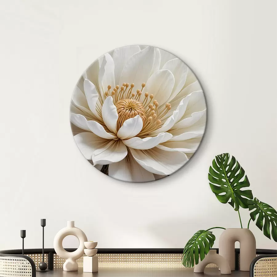 carta da parati Un primo piano di un grande fiore bianco della dalia con petali delicati e un centro giallo vibrante nr. r39508