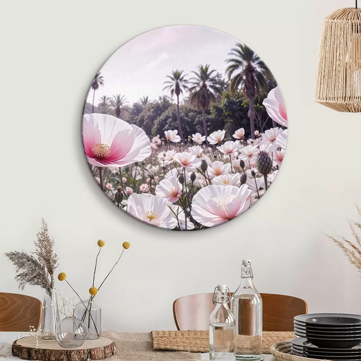 Quadri rotondi Un campo di fiori rosa e bianchi con palme sullo sfondo r39509