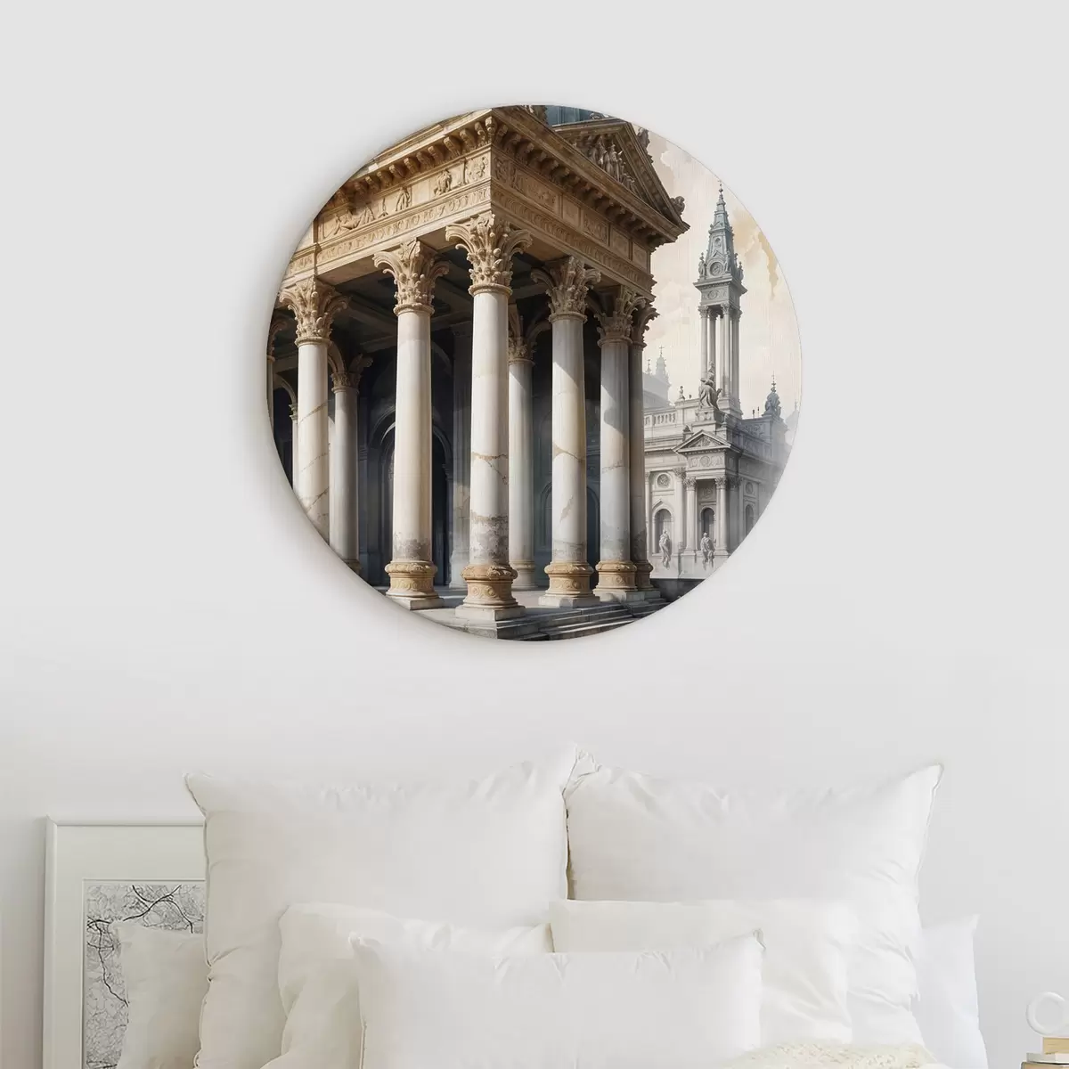 Quadri rotondi Edificio in pietra ornato con intricati dettagli architettonici e colonne, sullo sfondo di un cielo nuvoloso r39512