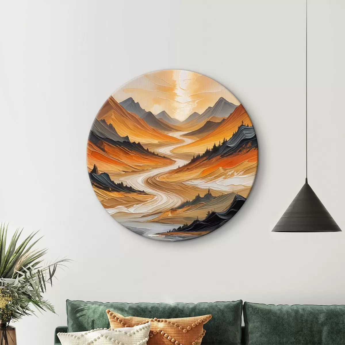 Quadri rotondi Uno spettacolare paesaggio montuoso con strade tortuose, foreste lussureggianti e un vibrante cielo arancione al tramonto r39515