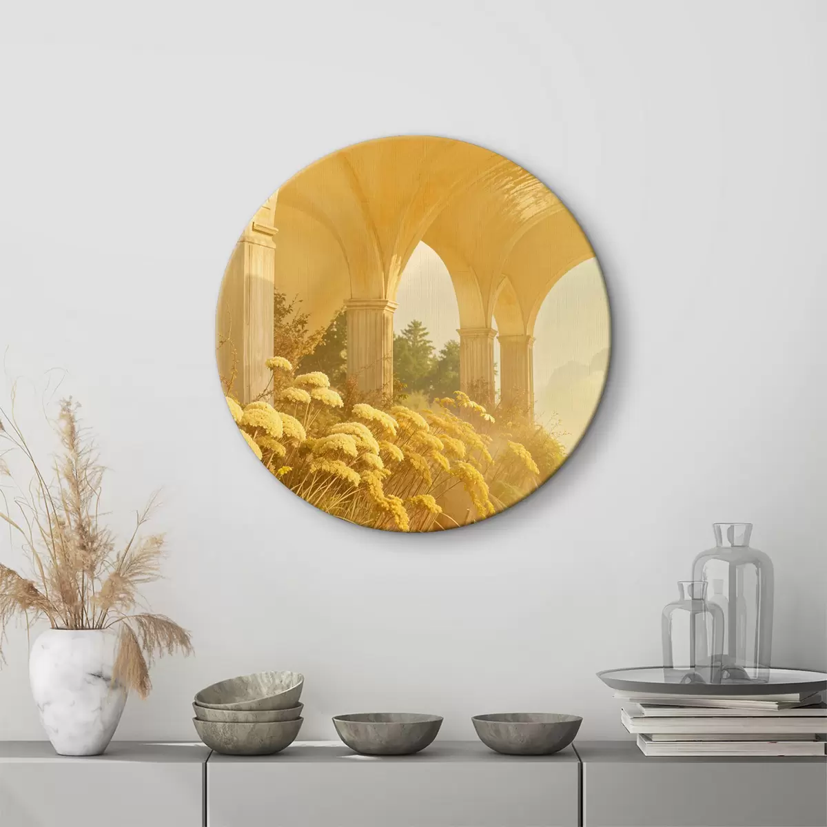 Quadri rotondi Un arco in pietra con fiori gialli in primo piano, che si affaccia su un paesaggio pittoresco in lontananza r39521