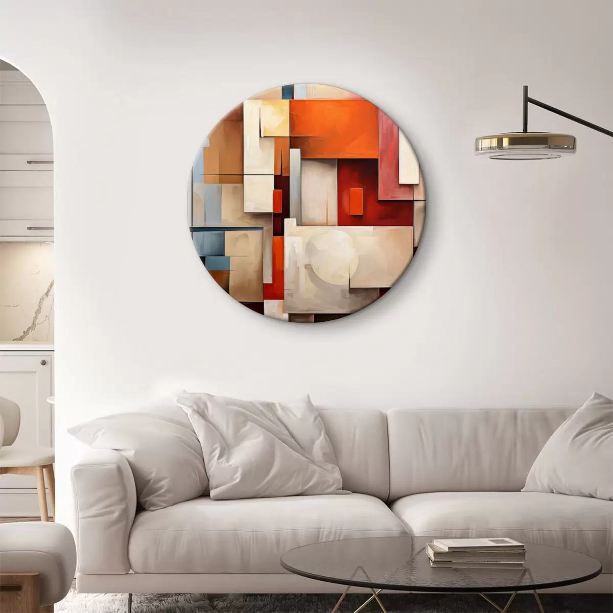 Quadri rotondi Astrazione in stile cubista, pittura a olio, colori rosso, blu, bianco r39571