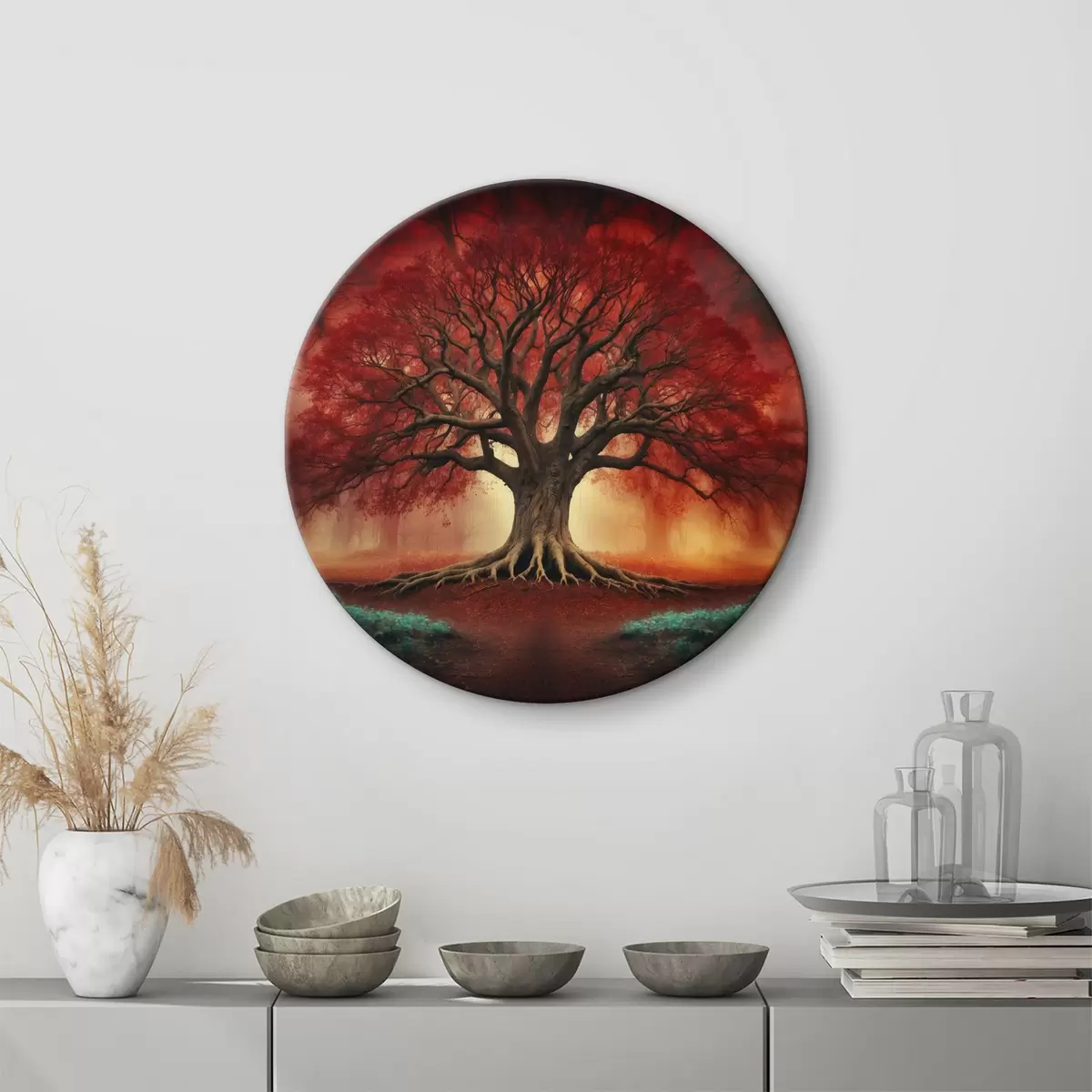 Quadri rotondi Albero rosso radicato nella foresta r39602