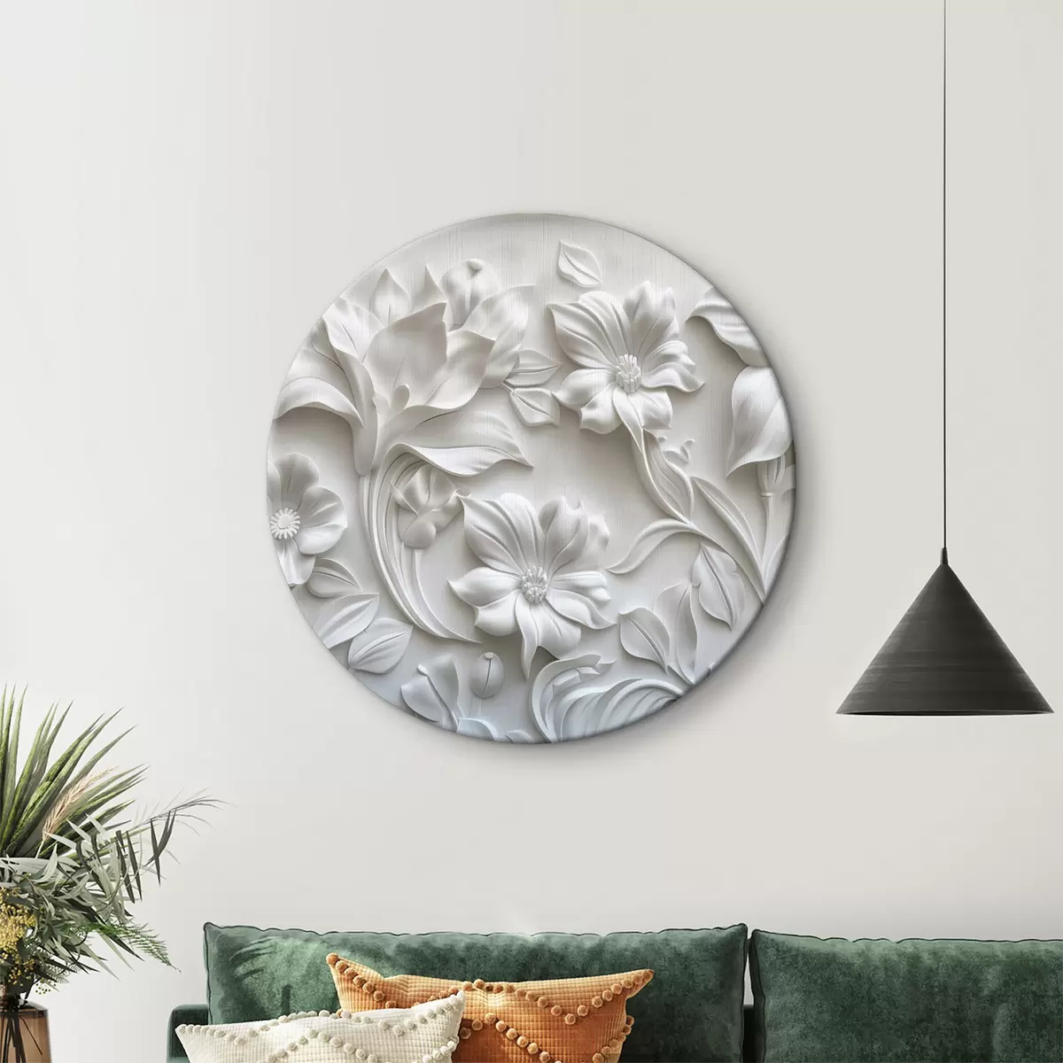 Quadri rotondi Rilievo 3d bianco di gigli scolpiti r39653