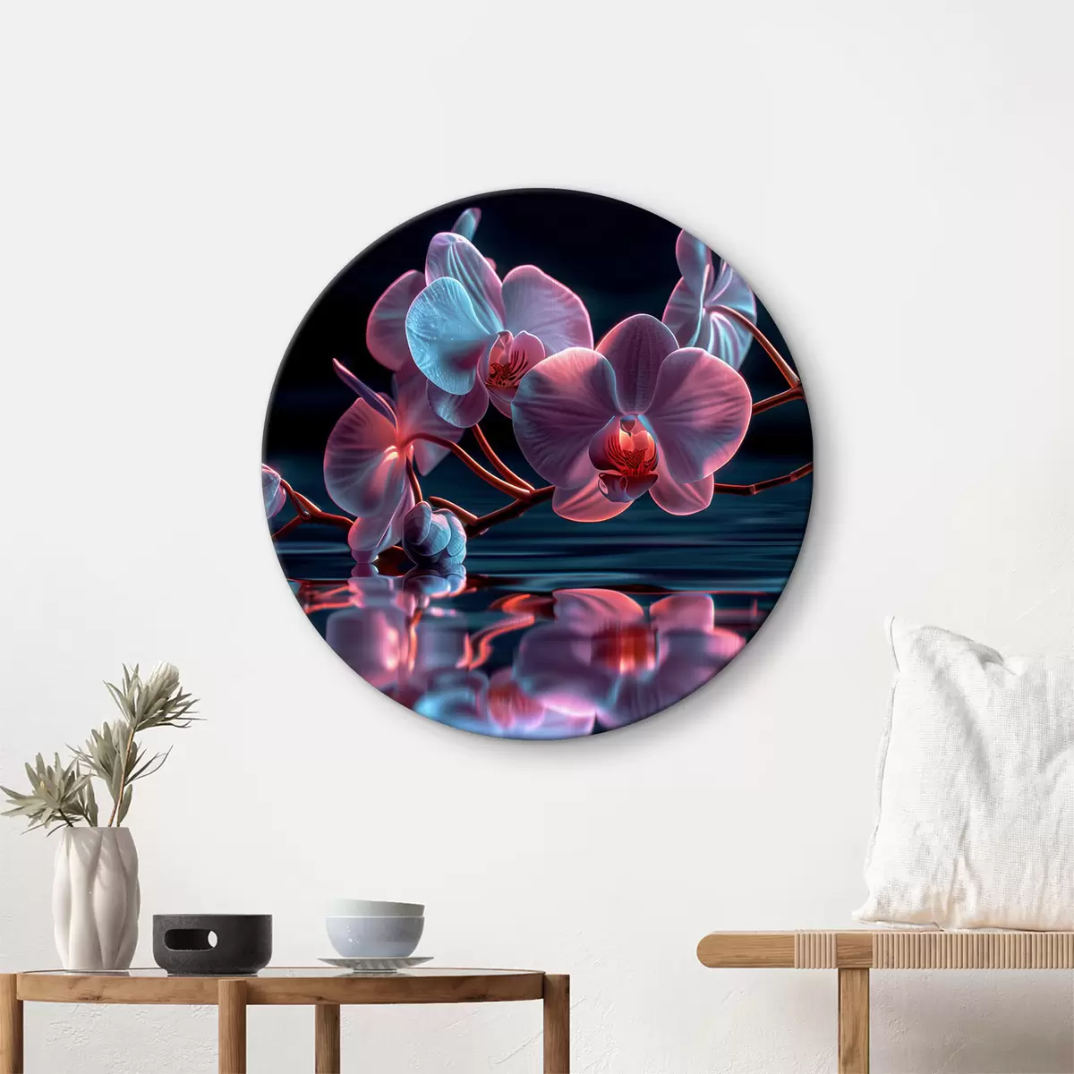 Quadri rotondi Orchidee viola con riflesso sull'acqua r39715
