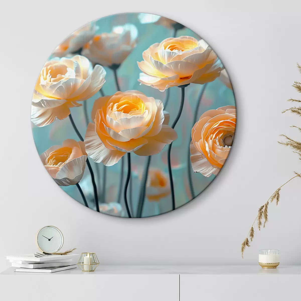 Quadri rotondi Delicate peonie bianche e arancioni su sfondo blu r39753